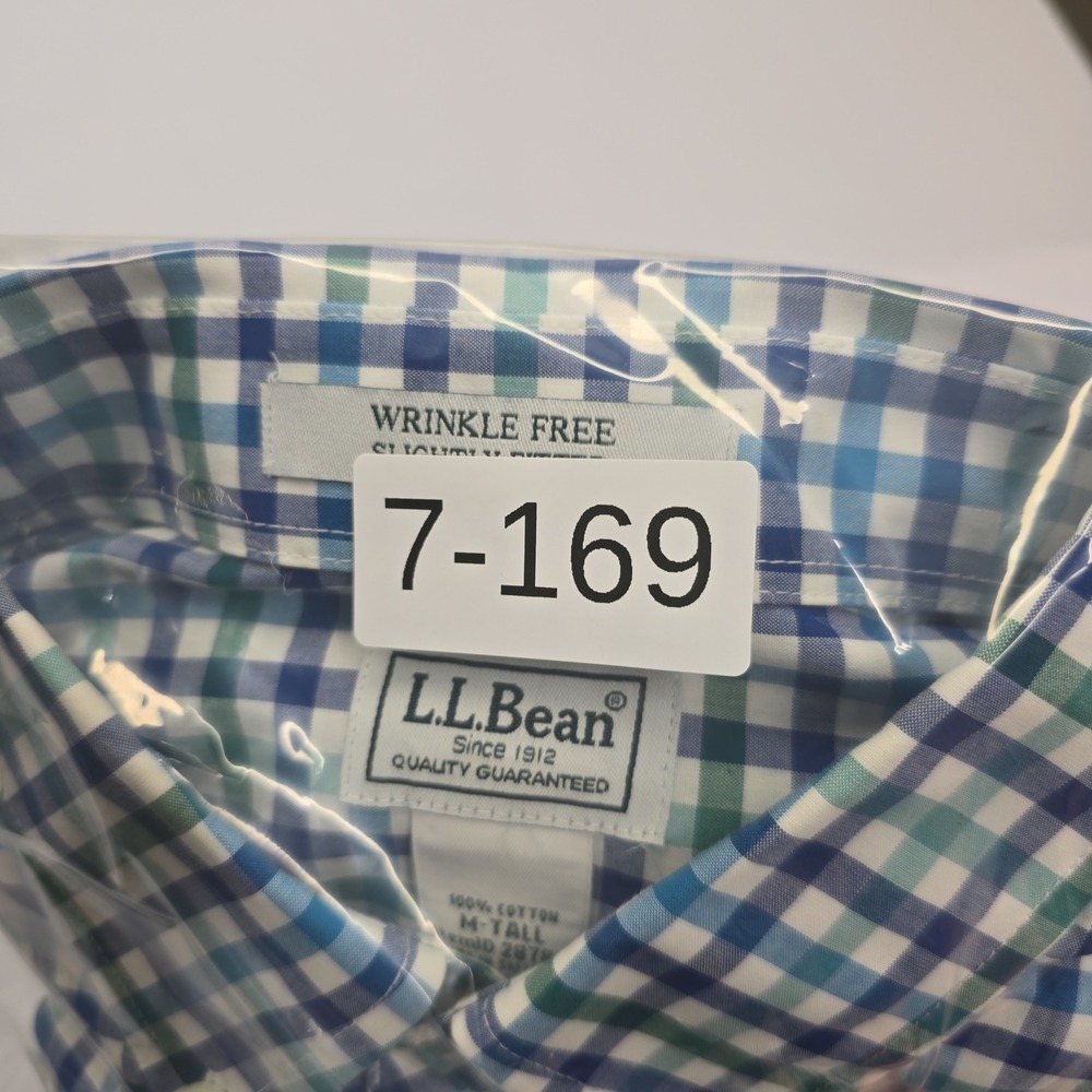 LL Bean Mens Medium Tall Blue Green Gingham Wrinkle Free Button Down Shirt - Picture 6 of 6